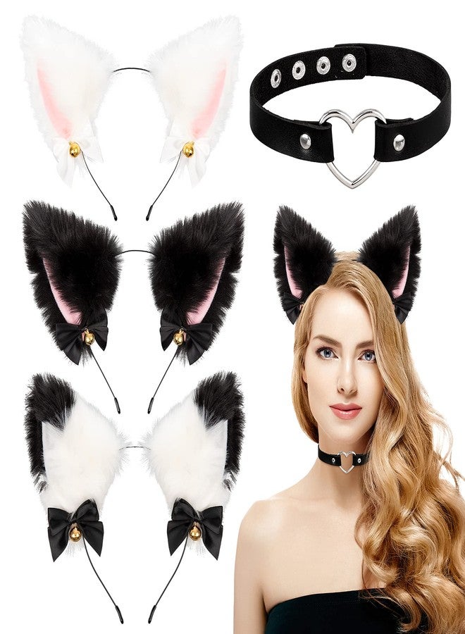 Whaline 3pcs Cat Ear Headband with Heart Chocker Necklace White Black Plush Furry Cat Ear Hair Band with Ribbon Bow Bell for Girls Women Adult Cosplay Party Fancy Dress Halloween Drama - Image 1